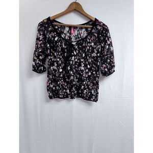 Womens Tunic Elbow Sleeve Scoop neck Chiffon Blouse Black Floral Size Large